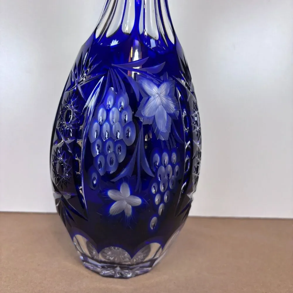 Tall Cobalt Blue Cut to Clear Crystal Decanter w/ Stopper 15” Bohemian Vintage